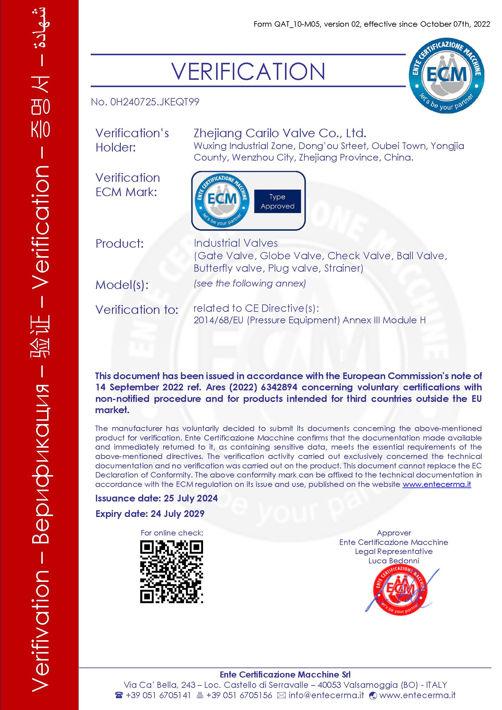 CARILO Valve international certificates — ISO, API and PED certification documents