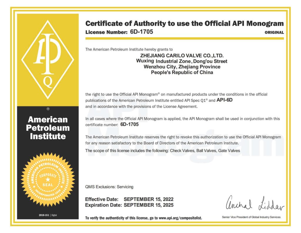 CARILO industrial valve certification document