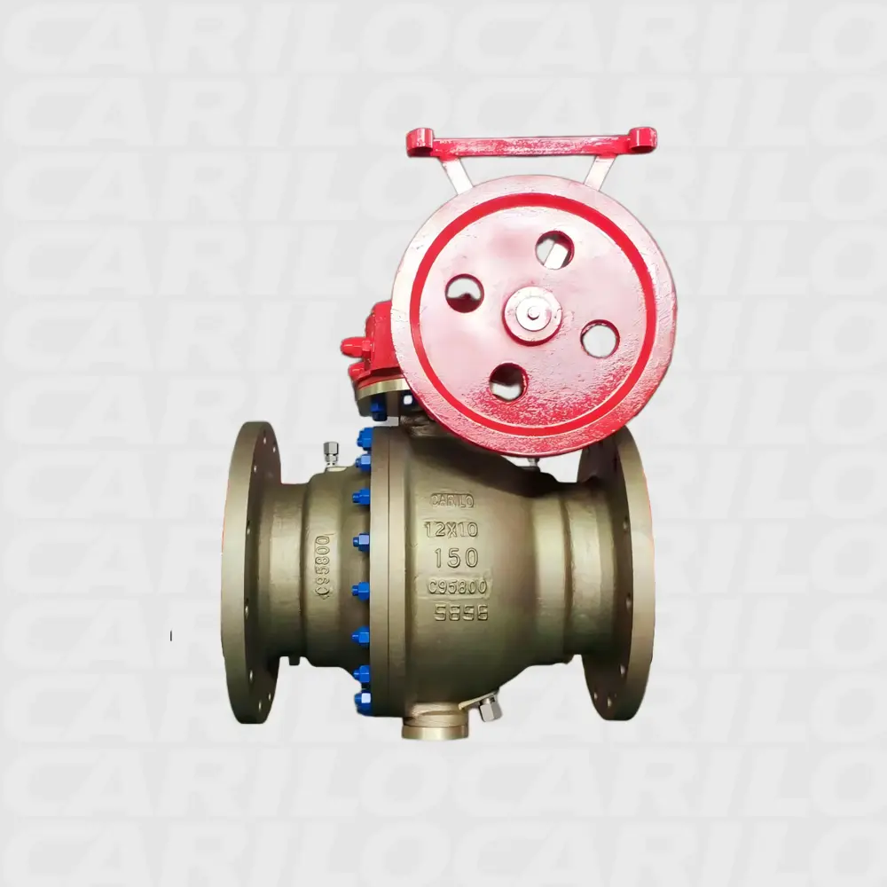 Large CARILO bronze trunnion ball valve with gear operator
